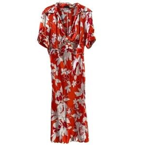 Sake Silk Floral Print Midi Dress in White and Red 10 NWOT